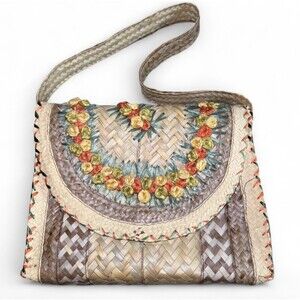 Vintage 1960s Cabana Floral Wicker Raffia Woven Straw Purse Handbag Philippines